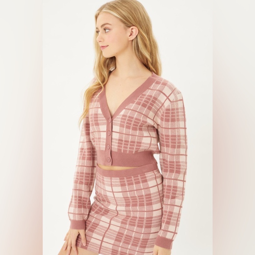 Solid Plaid Snug Waist Casual Cropped Cardigan - Picture 3 of 4